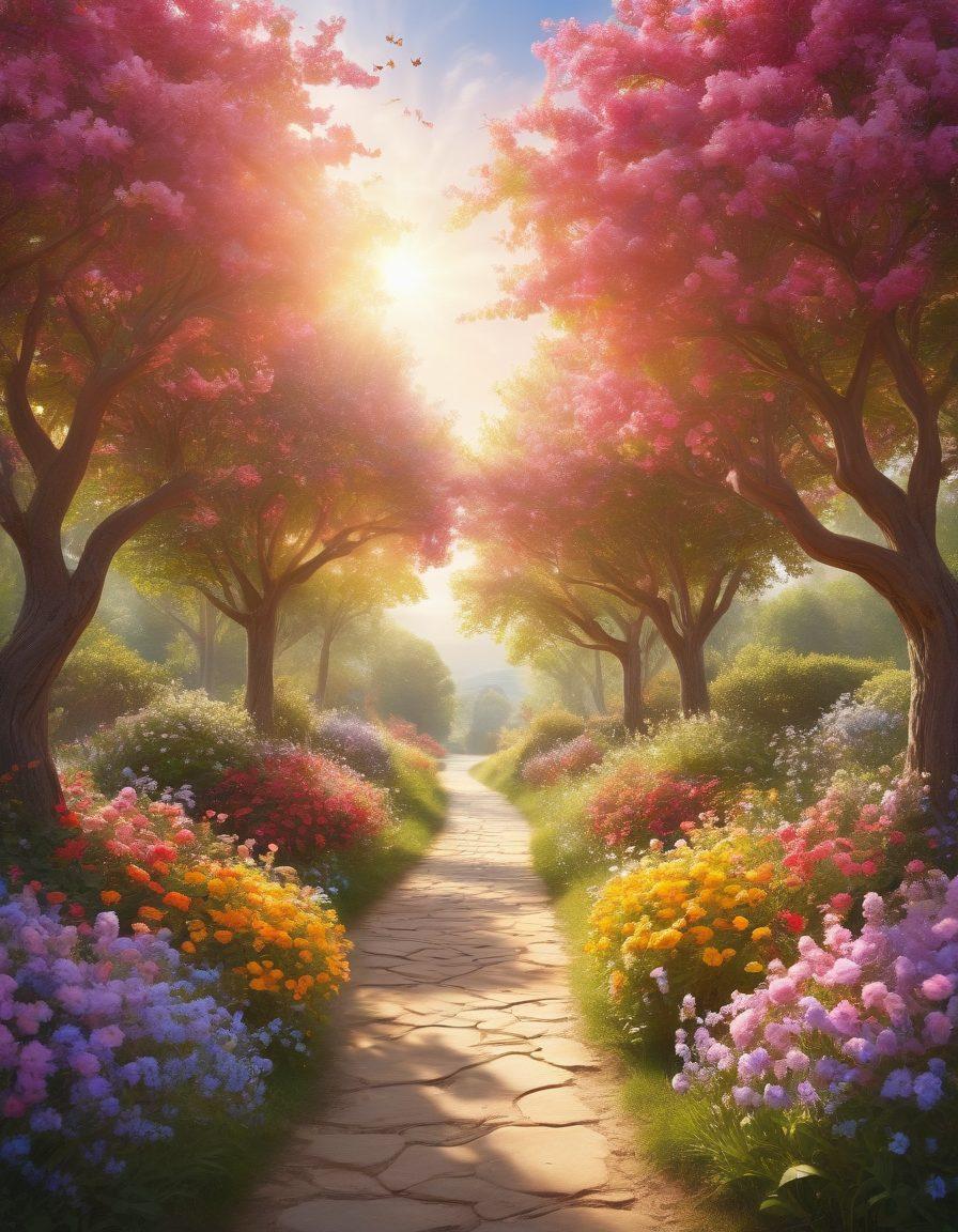 A serene, picturesque scene depicting two intertwined hearts symbolizing growth and connection, surrounded by blooming flowers and gentle sunlight. In the background, a winding path leading towards a horizon filled with vibrant colors representing a journey of love. Include elements of transformation, like butterflies or blossoming trees, to signify devotion. enchanting illustration. vibrant colors. soft focus.