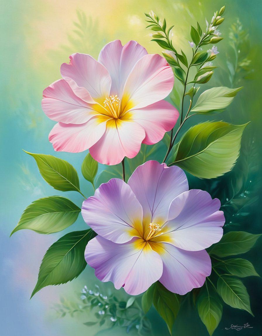 A serene scene featuring two blooming flowers intertwined, symbolizing love and compassion, with soft pastel colors in the background. Show a gentle sunlight illuminating their petals, while small hearts float around them, representing emotional growth and fondness. Incorporate lush greenery to enhance the atmosphere of a nurturing environment. painting. vibrant colors. soft focus.