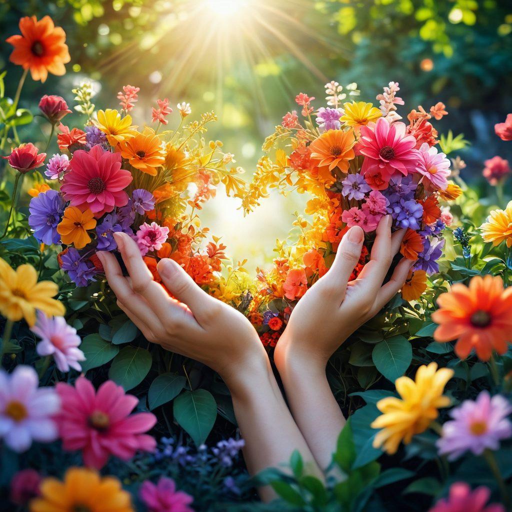 A blossoming garden filled with vibrant flowers symbolizing love, with two hands gently nurturing the petals. A warm glow of sunlight filters through the leaves, creating a dreamy atmosphere. Subtle heart shapes formed by the flowers and a soft, flowing breeze that gives motion to the scene. The colors are rich and inviting, exuding warmth and passion. 3D. vibrant colors. soft focus.